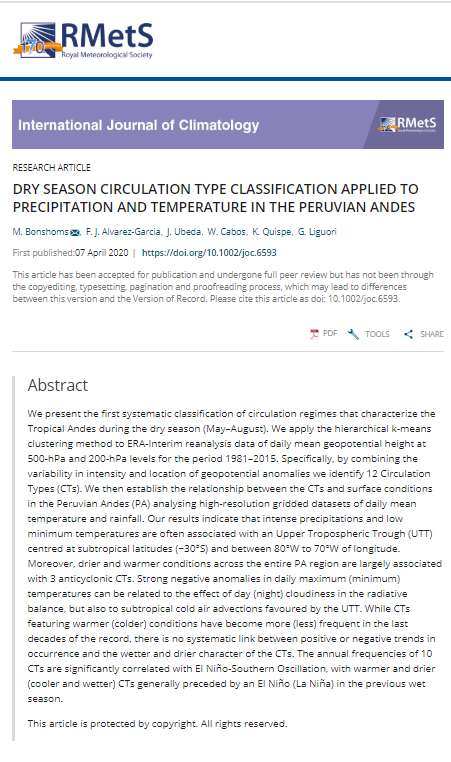 Nueva publicación del proyecto CRYOPERU “Dry season circulation type classification applied to precipitation and temperature in the Peruvian Andes”